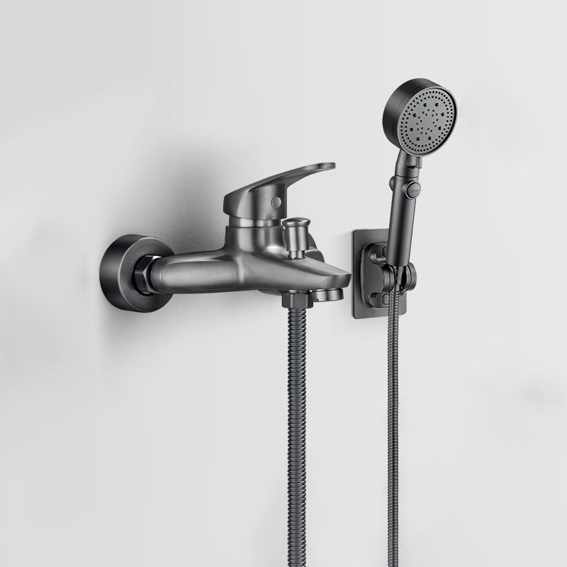 Fixed Tub Faucet Handshower Hose Lever Handle Wall Mount 2 Holes Tub Filler Grey Five-Mode Handshower Hand Shower Included Clearhalo 'Bathroom Remodel & Bathroom Fixtures' 'Bathtub Faucets' 'bathtub_faucets' 'Home Improvement' 'home_improvement' 'home_improvement_bathtub_faucets' 7400109