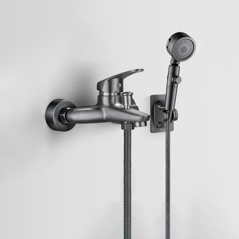 Fixed Tub Faucet Handshower Hose Lever Handle Wall Mount 2 Holes Tub Filler Grey Tri-Mode Handshower Hand Shower Included Clearhalo 'Bathroom Remodel & Bathroom Fixtures' 'Bathtub Faucets' 'bathtub_faucets' 'Home Improvement' 'home_improvement' 'home_improvement_bathtub_faucets' 7400112
