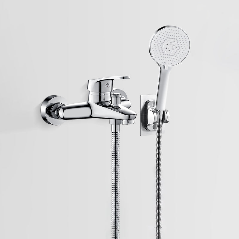 Fixed Tub Faucet Handshower Hose Lever Handle Wall Mount 2 Holes Tub Filler Silver Pressurized Shower Head Hand Shower Included Clearhalo 'Bathroom Remodel & Bathroom Fixtures' 'Bathtub Faucets' 'bathtub_faucets' 'Home Improvement' 'home_improvement' 'home_improvement_bathtub_faucets' 7400116