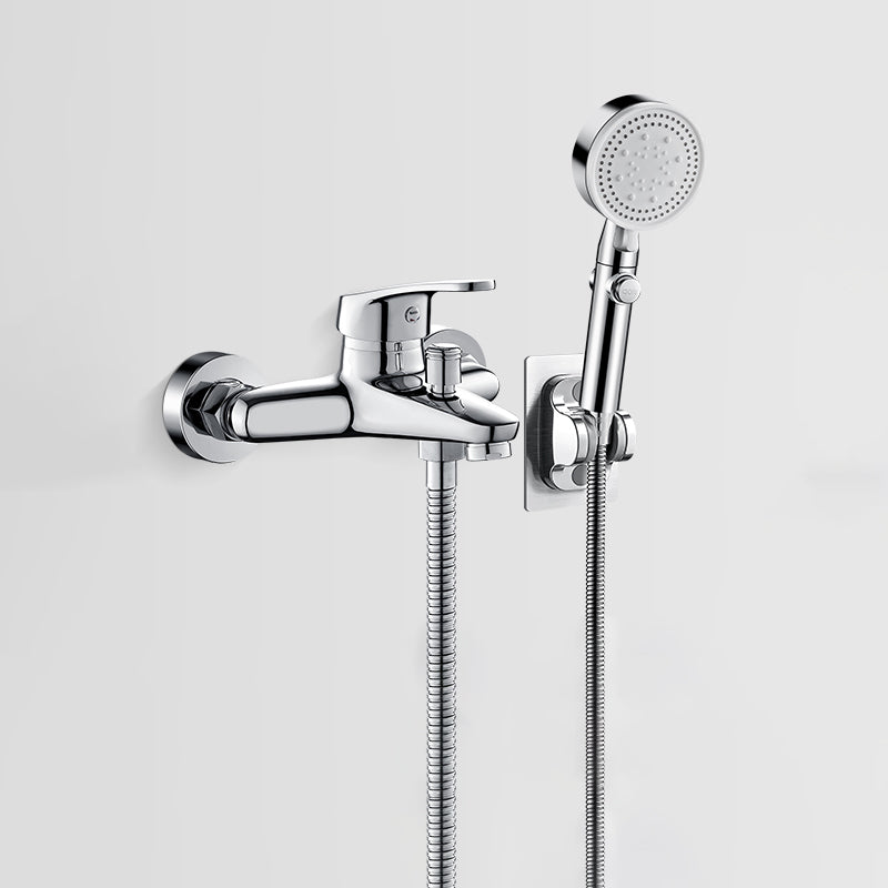 Fixed Tub Faucet Handshower Hose Lever Handle Wall Mount 2 Holes Tub Filler Silver Five-Mode Handshower Hand Shower Included Clearhalo 'Bathroom Remodel & Bathroom Fixtures' 'Bathtub Faucets' 'bathtub_faucets' 'Home Improvement' 'home_improvement' 'home_improvement_bathtub_faucets' 7400118