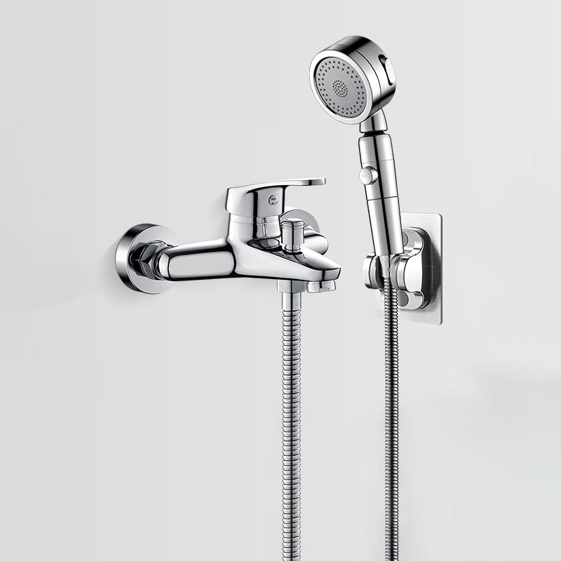 Fixed Tub Faucet Handshower Hose Lever Handle Wall Mount 2 Holes Tub Filler Silver Tri-Mode Handshower Hand Shower Included Clearhalo 'Bathroom Remodel & Bathroom Fixtures' 'Bathtub Faucets' 'bathtub_faucets' 'Home Improvement' 'home_improvement' 'home_improvement_bathtub_faucets' 7400120