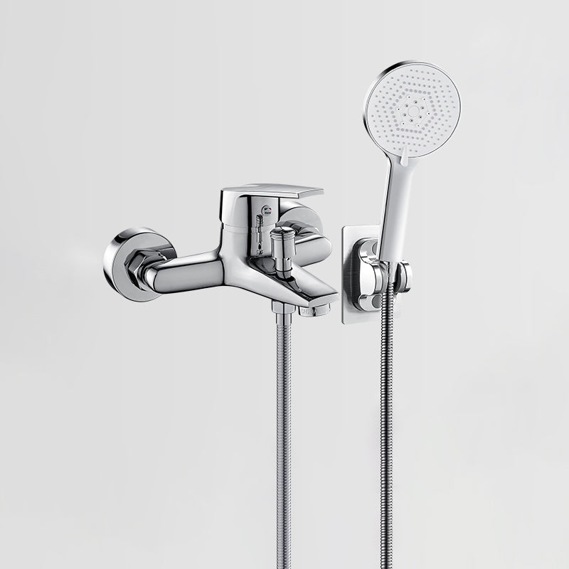 Fixed Tub Faucet Handshower Hose Lever Handle Wall Mount 2 Holes Tub Filler Chrome Pressurized Shower Head Hand Shower Included Clearhalo 'Bathroom Remodel & Bathroom Fixtures' 'Bathtub Faucets' 'bathtub_faucets' 'Home Improvement' 'home_improvement' 'home_improvement_bathtub_faucets' 7400123