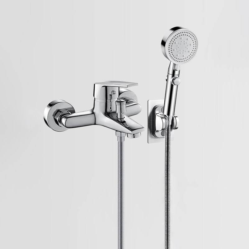 Fixed Tub Faucet Handshower Hose Lever Handle Wall Mount 2 Holes Tub Filler Chrome Five-Mode Handshower Hand Shower Included Clearhalo 'Bathroom Remodel & Bathroom Fixtures' 'Bathtub Faucets' 'bathtub_faucets' 'Home Improvement' 'home_improvement' 'home_improvement_bathtub_faucets' 7400125