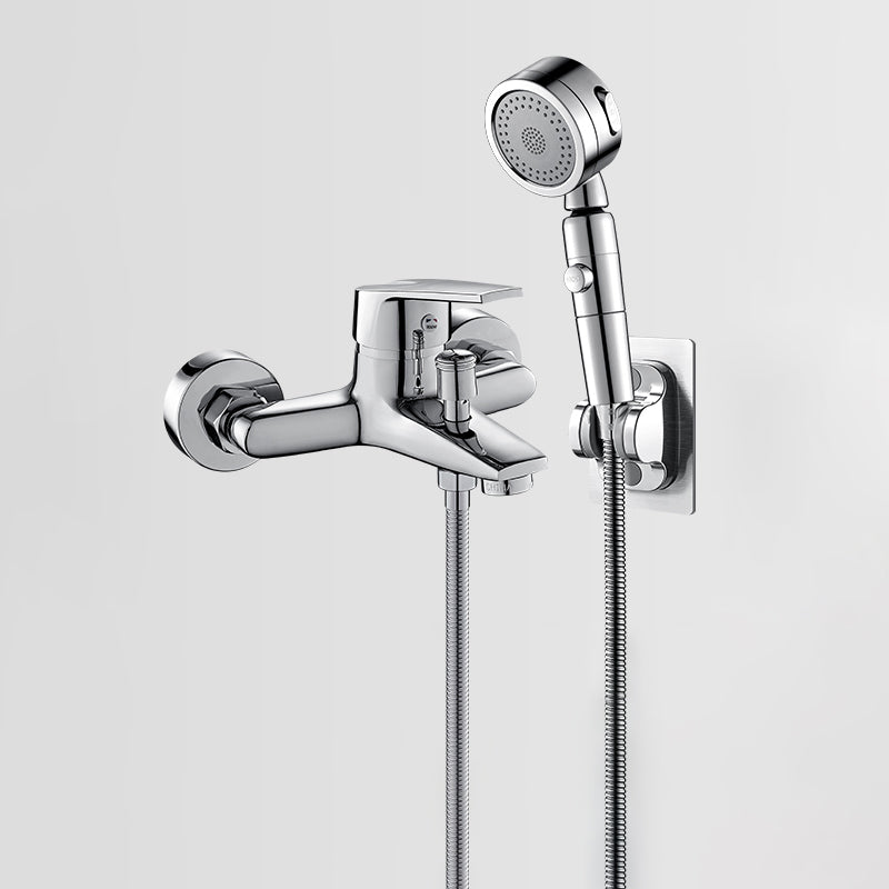 Fixed Tub Faucet Handshower Hose Lever Handle Wall Mount 2 Holes Tub Filler Chrome Tri-Mode Handshower Hand Shower Included Clearhalo 'Bathroom Remodel & Bathroom Fixtures' 'Bathtub Faucets' 'bathtub_faucets' 'Home Improvement' 'home_improvement' 'home_improvement_bathtub_faucets' 7400126