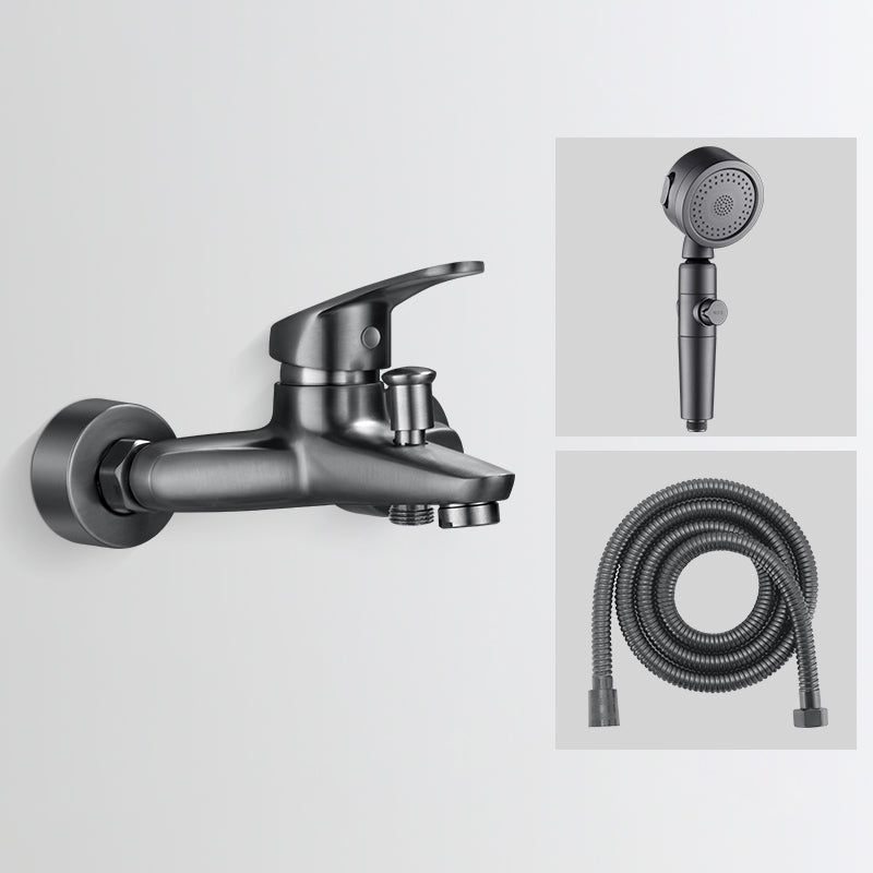 Low Arc Tub Faucet Hose Wall Mounted Single Lever Handle Tub Filler with Handshower Grey Tri-Mode Handshower Hand Shower Included Clearhalo 'Bathroom Remodel & Bathroom Fixtures' 'Bathtub Faucets' 'bathtub_faucets' 'Home Improvement' 'home_improvement' 'home_improvement_bathtub_faucets' 7400132