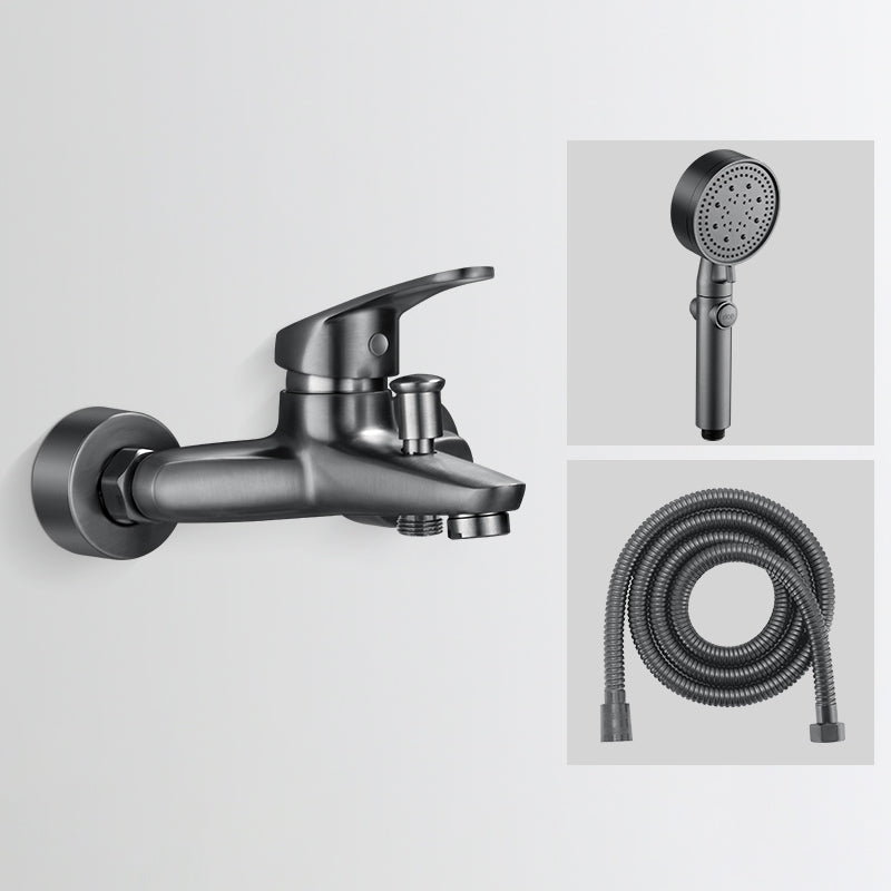 Low Arc Tub Faucet Hose Wall Mounted Single Lever Handle Tub Filler with Handshower Grey Five-Mode Handshower Hand Shower Included Clearhalo 'Bathroom Remodel & Bathroom Fixtures' 'Bathtub Faucets' 'bathtub_faucets' 'Home Improvement' 'home_improvement' 'home_improvement_bathtub_faucets' 7400133