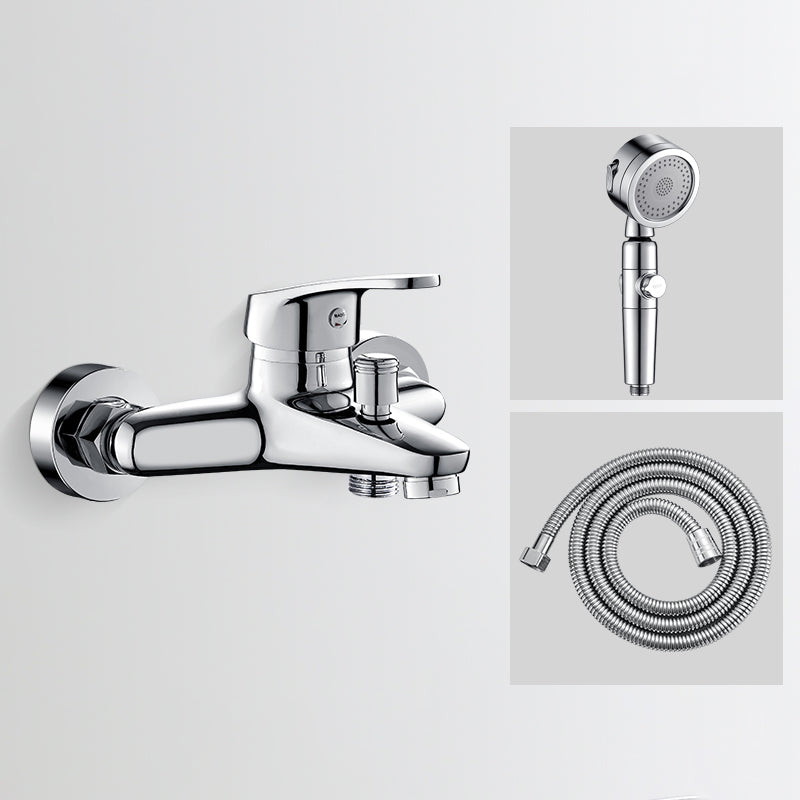 Low Arc Tub Faucet Hose Wall Mounted Single Lever Handle Tub Filler with Handshower Silver Tri-Mode Handshower Hand Shower Included Clearhalo 'Bathroom Remodel & Bathroom Fixtures' 'Bathtub Faucets' 'bathtub_faucets' 'Home Improvement' 'home_improvement' 'home_improvement_bathtub_faucets' 7400141