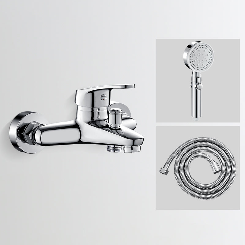 Low Arc Tub Faucet Hose Wall Mounted Single Lever Handle Tub Filler with Handshower Silver Five-Mode Handshower Hand Shower Included Clearhalo 'Bathroom Remodel & Bathroom Fixtures' 'Bathtub Faucets' 'bathtub_faucets' 'Home Improvement' 'home_improvement' 'home_improvement_bathtub_faucets' 7400143