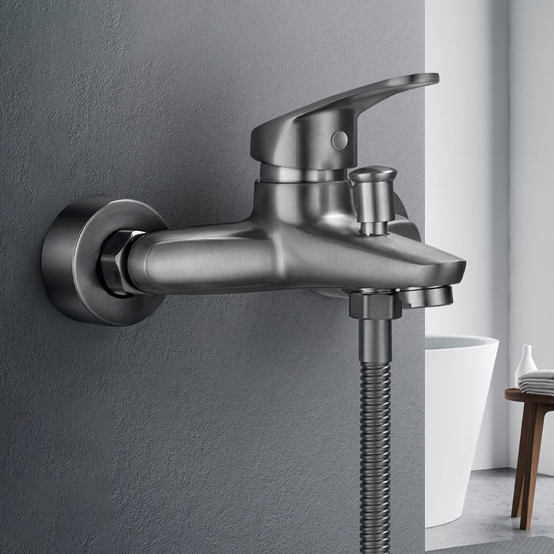 Low Arc Tub Faucet Hose Wall Mounted Single Lever Handle Tub Filler with Handshower Clearhalo 'Bathroom Remodel & Bathroom Fixtures' 'Bathtub Faucets' 'bathtub_faucets' 'Home Improvement' 'home_improvement' 'home_improvement_bathtub_faucets' 7400146