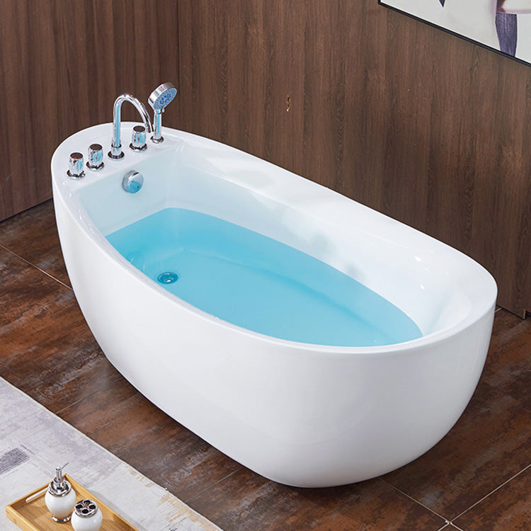 Modern White Bathtub Stand Alone Acrylic Soaking Left Oval Bath 63"L x 31.5"W x 25.6"H Tub with Silver 5-Piece Set Clearhalo 'Bathroom Remodel & Bathroom Fixtures' 'Bathtubs' 'Home Improvement' 'home_improvement' 'home_improvement_bathtubs' 'Showers & Bathtubs' 7400368