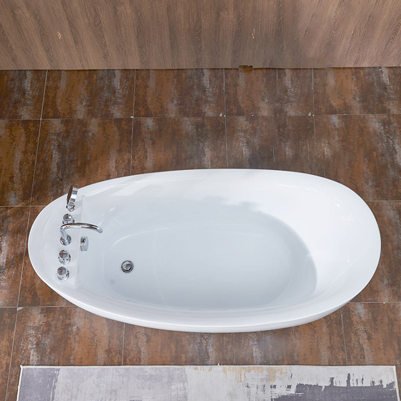 Modern White Bathtub Stand Alone Acrylic Soaking Left Oval Bath Tub with Silver 5-Piece Set Clearhalo 'Bathroom Remodel & Bathroom Fixtures' 'Bathtubs' 'Home Improvement' 'home_improvement' 'home_improvement_bathtubs' 'Showers & Bathtubs' 7400369