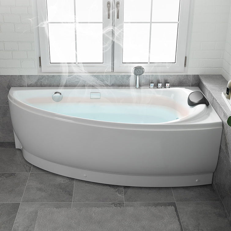 Modern Corner Bath Back to Wall Acrylic Soaking White Bathtub 55"L x 27.5"W x 23.5"H Left Tub with Silver 5-Piece Set Clearhalo 'Bathroom Remodel & Bathroom Fixtures' 'Bathtubs' 'Home Improvement' 'home_improvement' 'home_improvement_bathtubs' 'Showers & Bathtubs' 7400433