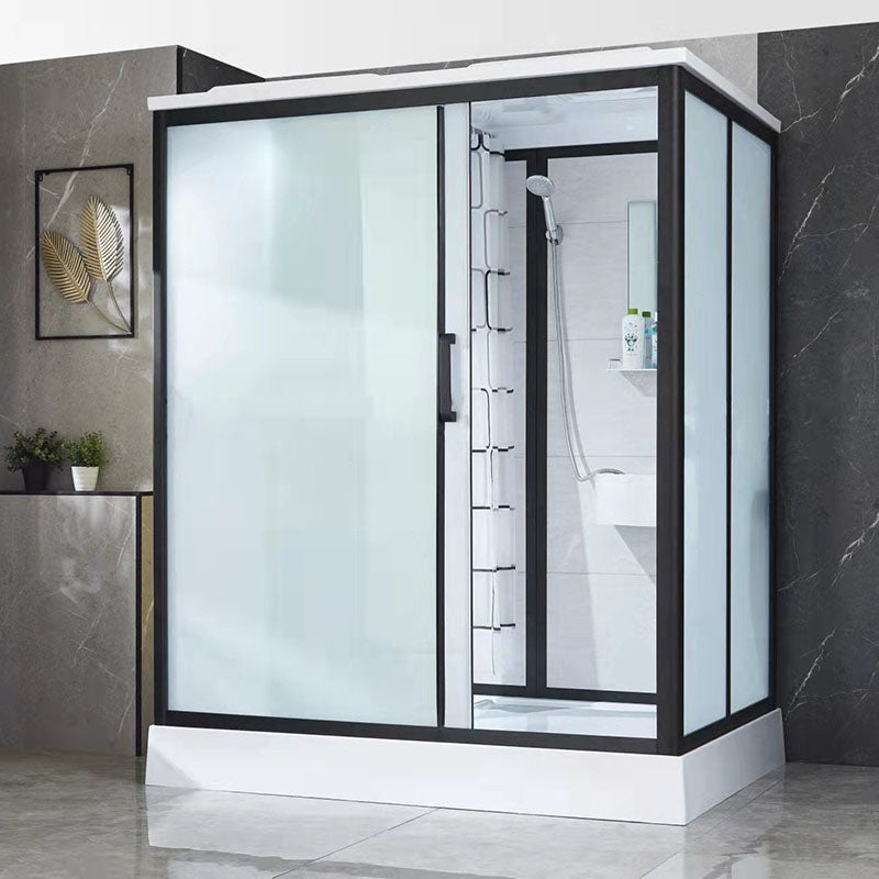 Black Framed Single Sliding Shower Kit Frosted Rectangle Shower Stall Clearhalo 'Bathroom Remodel & Bathroom Fixtures' 'Home Improvement' 'home_improvement' 'home_improvement_shower_stalls_enclosures' 'Shower Stalls & Enclosures' 'shower_stalls_enclosures' 'Showers & Bathtubs' 7400499
