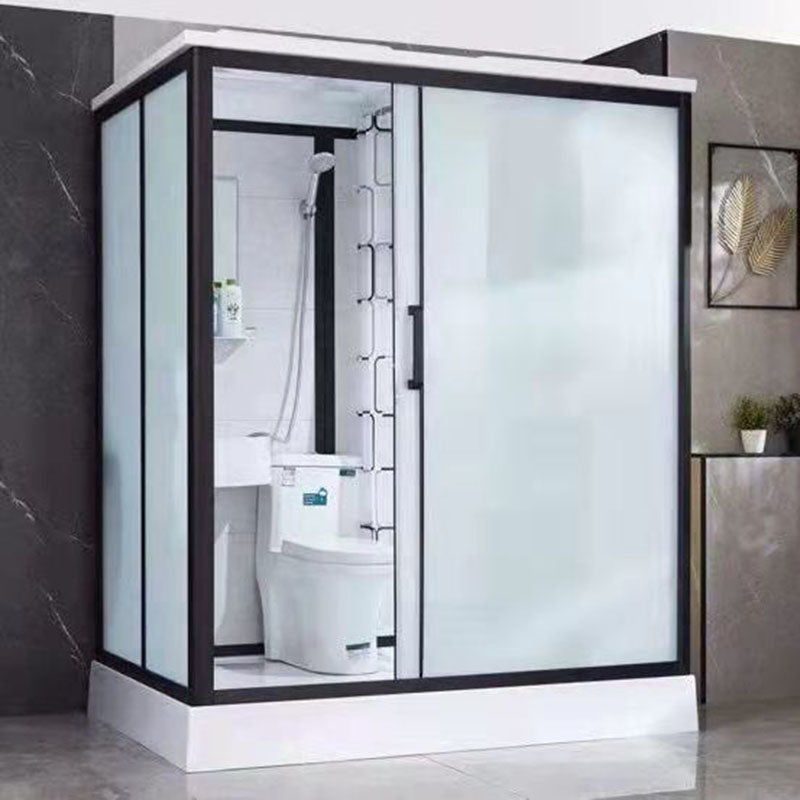 Black Framed Single Sliding Shower Kit Frosted Rectangle Shower Stall Toilet Only Clearhalo 'Bathroom Remodel & Bathroom Fixtures' 'Home Improvement' 'home_improvement' 'home_improvement_shower_stalls_enclosures' 'Shower Stalls & Enclosures' 'shower_stalls_enclosures' 'Showers & Bathtubs' 7400500