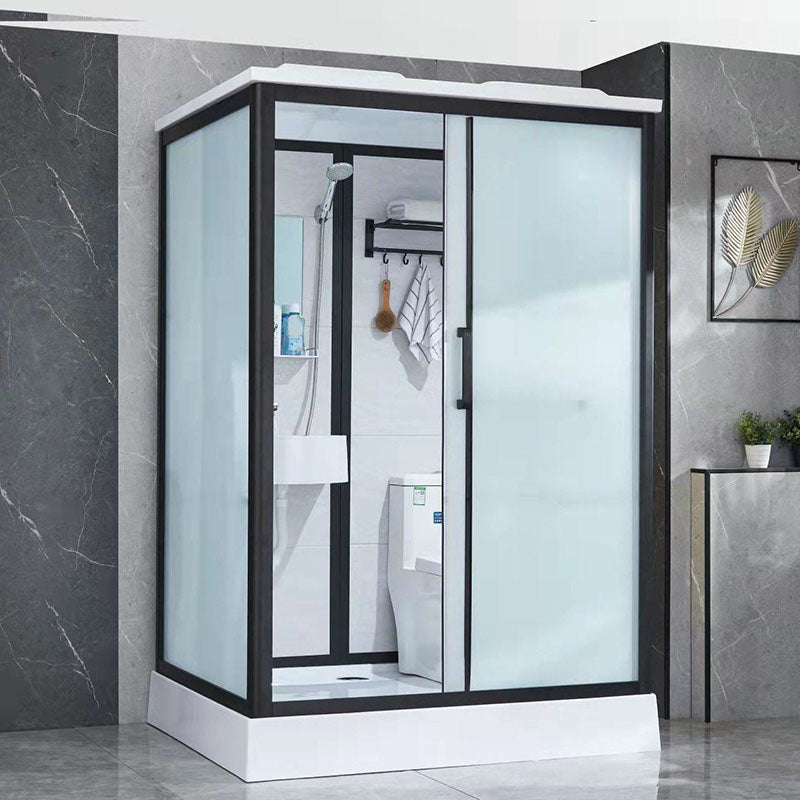 Black Framed Single Sliding Shower Kit Frosted Rectangle Shower Stall Toilet Only Clearhalo 'Bathroom Remodel & Bathroom Fixtures' 'Home Improvement' 'home_improvement' 'home_improvement_shower_stalls_enclosures' 'Shower Stalls & Enclosures' 'shower_stalls_enclosures' 'Showers & Bathtubs' 7400502