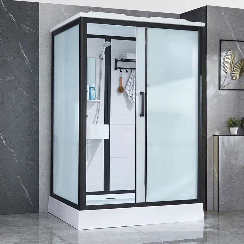 Black Framed Single Sliding Shower Kit Frosted Rectangle Shower Stall Toilet Not Included Clearhalo 'Bathroom Remodel & Bathroom Fixtures' 'Home Improvement' 'home_improvement' 'home_improvement_shower_stalls_enclosures' 'Shower Stalls & Enclosures' 'shower_stalls_enclosures' 'Showers & Bathtubs' 7400507
