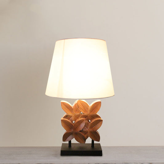 Empire Shade Table Lighting Retro Fabric 1 Bulb White Night Stand Lamp with Wood Carved Leaf Base White Clearhalo 'Lamps' 'Table Lamps' Lighting' 740082