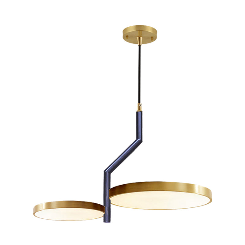 2 Heads Living Room Hanging Chandelier Modern Black and Gold Curved Rod Designed Ceiling Suspension Lamp with Round Metallic Shade Clearhalo 'Ceiling Lights' 'Chandeliers' 'Modern Chandeliers' 'Modern' Lighting' 740197