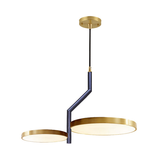 2 Heads Living Room Hanging Chandelier Modern Black and Gold Curved Rod Designed Ceiling Suspension Lamp with Round Metallic Shade Clearhalo 'Ceiling Lights' 'Chandeliers' 'Modern Chandeliers' 'Modern' Lighting' 740197