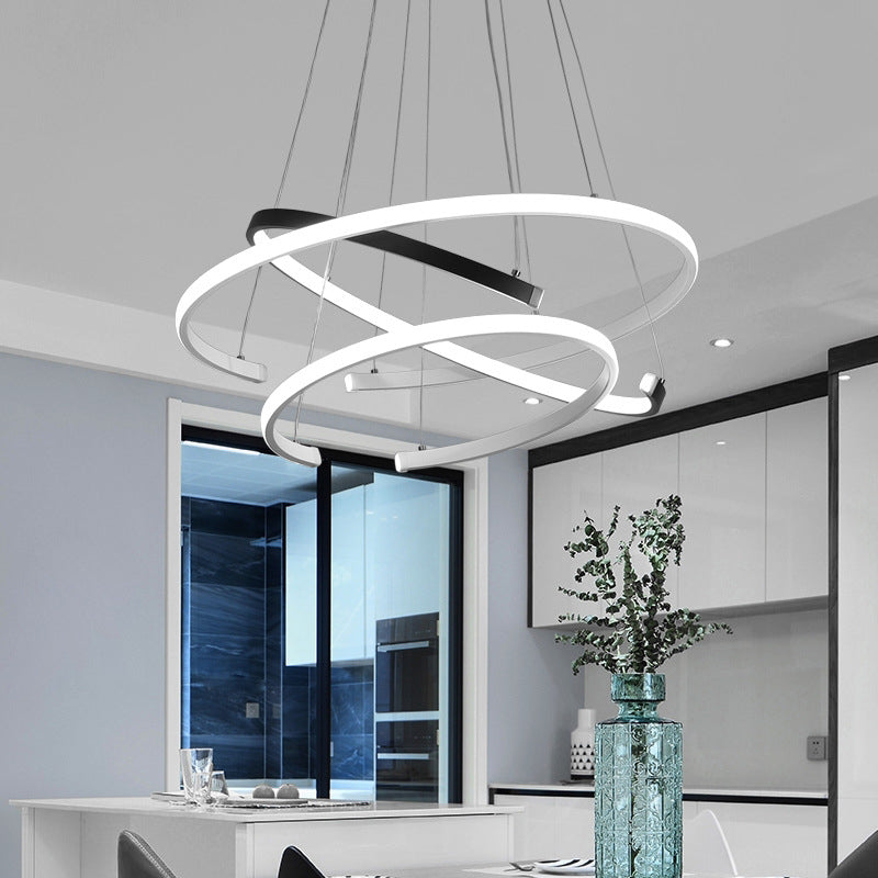 Black and White 3 Tiers C-Shape Chandelier Modernist Acrylic LED Hanging Lamp Lit for Living Room Black-White Clearhalo 'Ceiling Lights' 'Chandeliers' 'Modern Chandeliers' 'Modern' Lighting' 740234