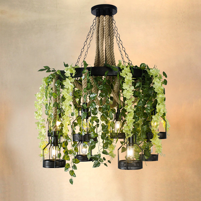 Purple/Green Flower Chandelier Vintage Hemp Rope 8 Heads Restaurant Down Lighting Pendant with Metal Cage Clearhalo 'Cast Iron' 'Ceiling Lights' 'Chandeliers' 'Industrial Chandeliers' 'Industrial' 'Metal' 'Middle Century Chandeliers' 'Rustic Chandeliers' 'Tiffany' Lighting' 740315