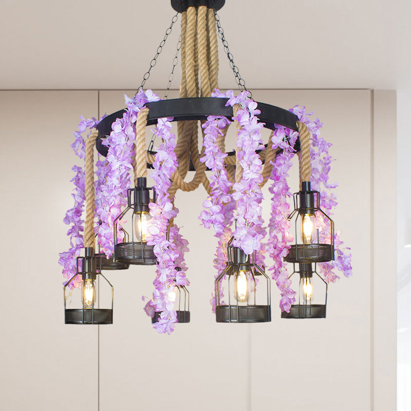 Purple/Green Flower Chandelier Vintage Hemp Rope 8 Heads Restaurant Down Lighting Pendant with Metal Cage Clearhalo 'Cast Iron' 'Ceiling Lights' 'Chandeliers' 'Industrial Chandeliers' 'Industrial' 'Metal' 'Middle Century Chandeliers' 'Rustic Chandeliers' 'Tiffany' Lighting' 740318