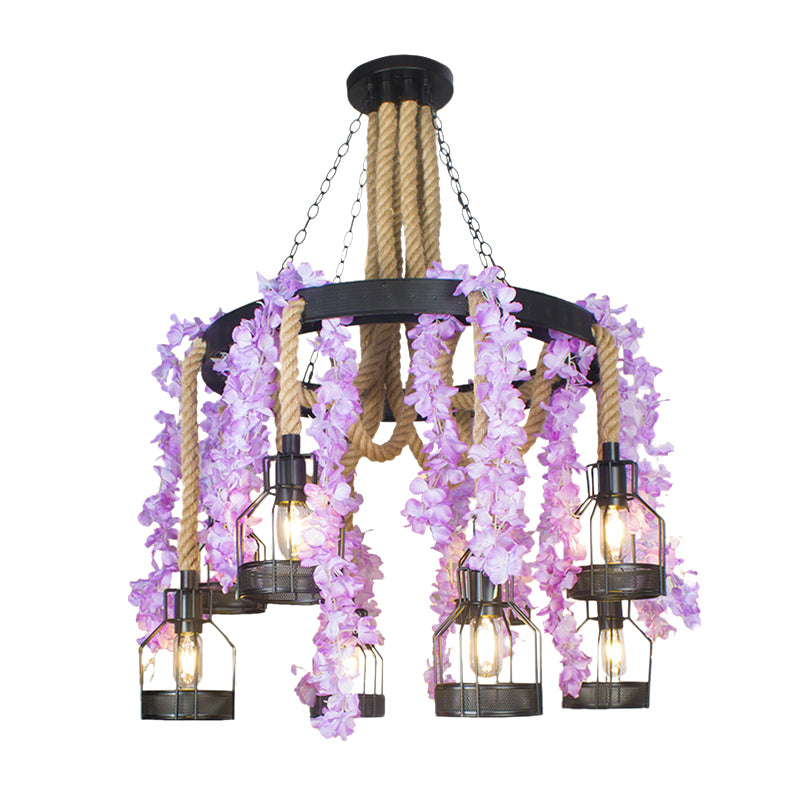 Purple/Green Flower Chandelier Vintage Hemp Rope 8 Heads Restaurant Down Lighting Pendant with Metal Cage Clearhalo 'Cast Iron' 'Ceiling Lights' 'Chandeliers' 'Industrial Chandeliers' 'Industrial' 'Metal' 'Middle Century Chandeliers' 'Rustic Chandeliers' 'Tiffany' Lighting' 740319