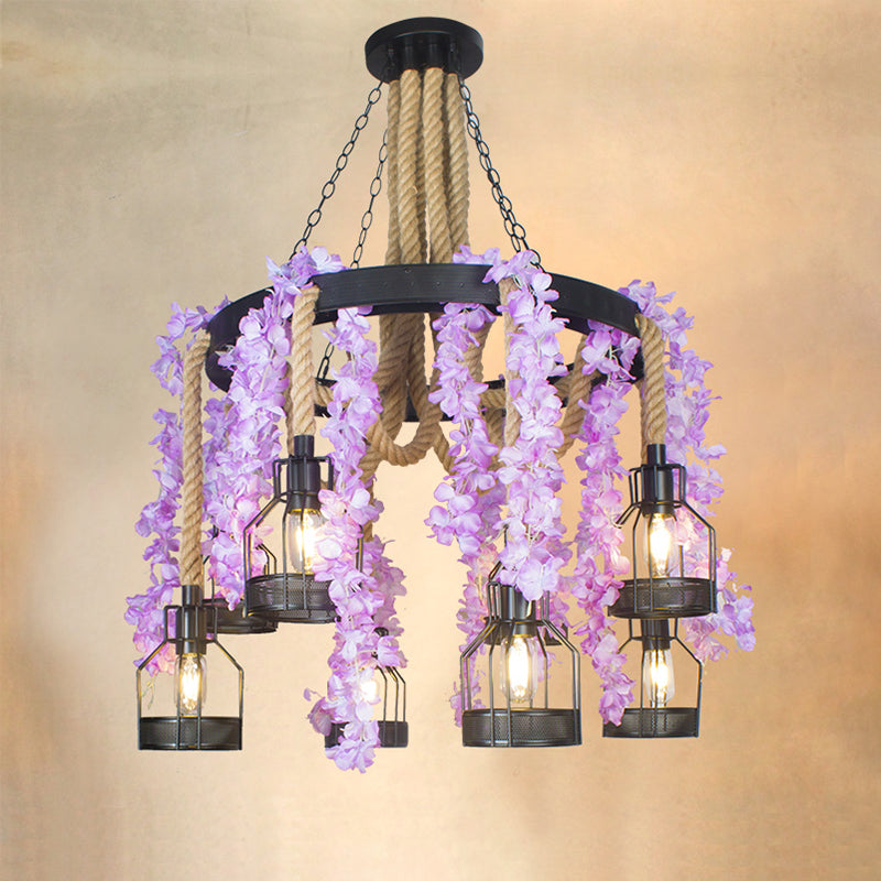 Purple/Green Flower Chandelier Vintage Hemp Rope 8 Heads Restaurant Down Lighting Pendant with Metal Cage Clearhalo 'Cast Iron' 'Ceiling Lights' 'Chandeliers' 'Industrial Chandeliers' 'Industrial' 'Metal' 'Middle Century Chandeliers' 'Rustic Chandeliers' 'Tiffany' Lighting' 740320
