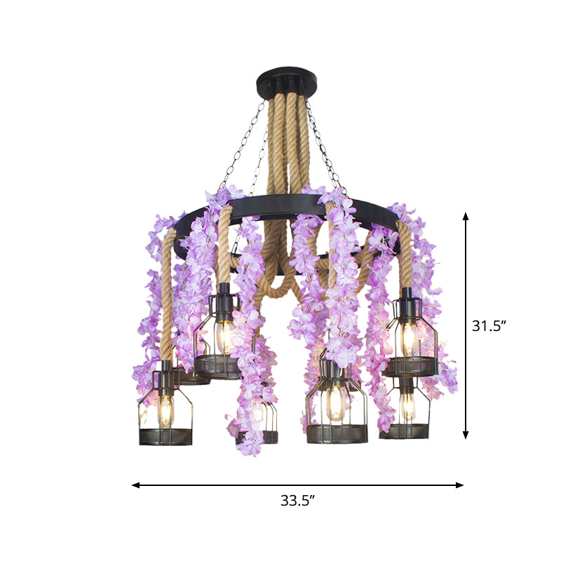 Purple/Green Flower Chandelier Vintage Hemp Rope 8 Heads Restaurant Down Lighting Pendant with Metal Cage Clearhalo 'Cast Iron' 'Ceiling Lights' 'Chandeliers' 'Industrial Chandeliers' 'Industrial' 'Metal' 'Middle Century Chandeliers' 'Rustic Chandeliers' 'Tiffany' Lighting' 740321