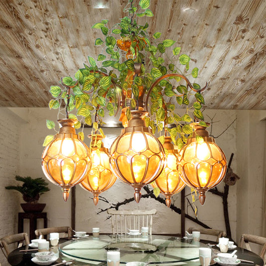 Amber Glass Brass Chandelier Light Ball 5/9 Lights Antique Plant Suspended Lighting Fixture for Dining Room 5 Brass Clearhalo 'Cast Iron' 'Ceiling Lights' 'Chandeliers' 'Industrial Chandeliers' 'Industrial' 'Metal' 'Middle Century Chandeliers' 'Rustic Chandeliers' 'Tiffany' Lighting' 740332