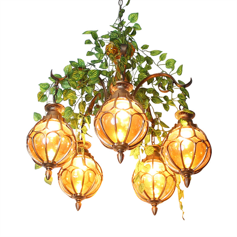 Amber Grass Chandelier 5灯 Amber Glass Brass Chandelier Light Ball 5/9 Lights Antique Plant