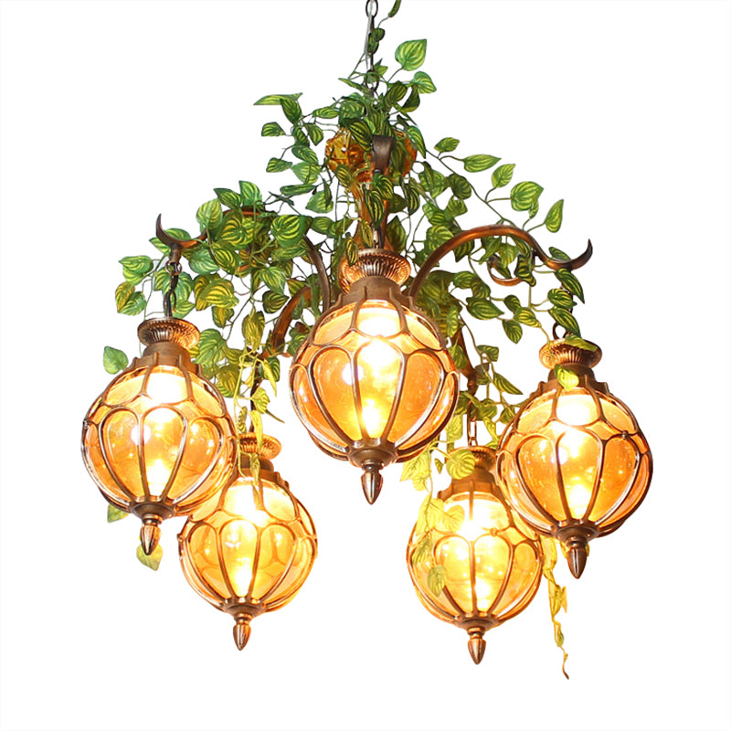 Amber Glass Brass Chandelier Light Ball 5/9 Lights Antique Plant Suspended Lighting Fixture for Dining Room Clearhalo 'Cast Iron' 'Ceiling Lights' 'Chandeliers' 'Industrial Chandeliers' 'Industrial' 'Metal' 'Middle Century Chandeliers' 'Rustic Chandeliers' 'Tiffany' Lighting' 740333