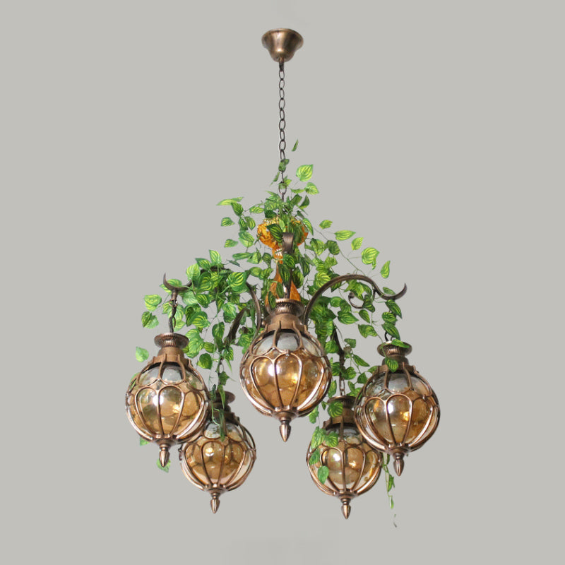 Amber Glass Brass Chandelier Light Ball 5/9 Lights Antique Plant