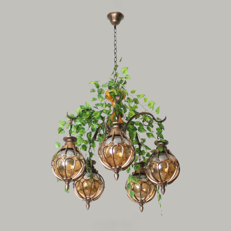 Amber Glass Brass Chandelier Light Ball 5/9 Lights Antique Plant Suspended Lighting Fixture for Dining Room Clearhalo 'Cast Iron' 'Ceiling Lights' 'Chandeliers' 'Industrial Chandeliers' 'Industrial' 'Metal' 'Middle Century Chandeliers' 'Rustic Chandeliers' 'Tiffany' Lighting' 740334