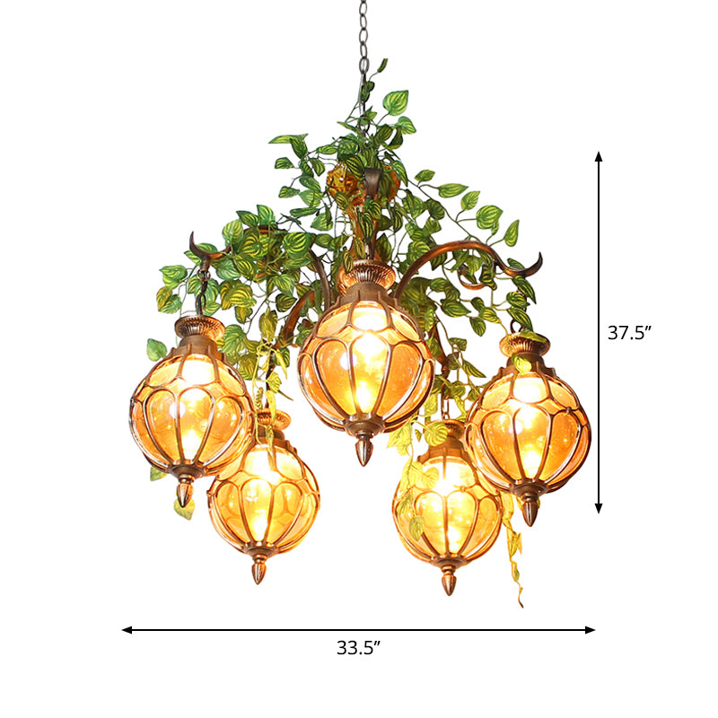 Amber Glass Brass Chandelier Light Ball 5/9 Lights Antique Plant