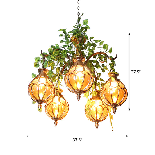 Amber Glass Brass Chandelier Light Ball 5/9 Lights Antique Plant Suspended Lighting Fixture for Dining Room Clearhalo 'Cast Iron' 'Ceiling Lights' 'Chandeliers' 'Industrial Chandeliers' 'Industrial' 'Metal' 'Middle Century Chandeliers' 'Rustic Chandeliers' 'Tiffany' Lighting' 740335