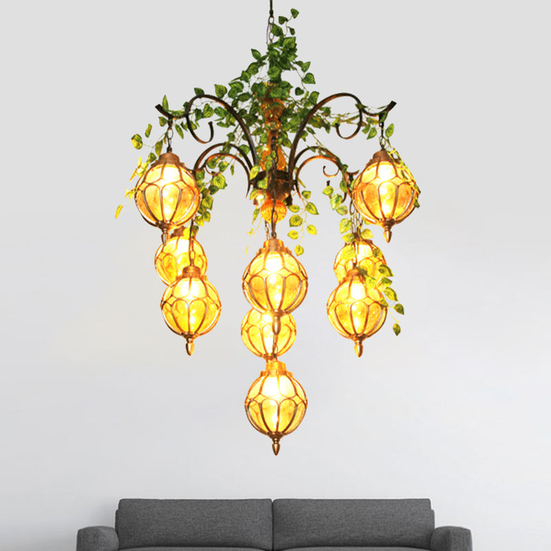Amber Glass Brass Chandelier Light Ball 5/9 Lights Antique Plant Suspended Lighting Fixture for Dining Room 9 Brass Clearhalo 'Cast Iron' 'Ceiling Lights' 'Chandeliers' 'Industrial Chandeliers' 'Industrial' 'Metal' 'Middle Century Chandeliers' 'Rustic Chandeliers' 'Tiffany' Lighting' 740336