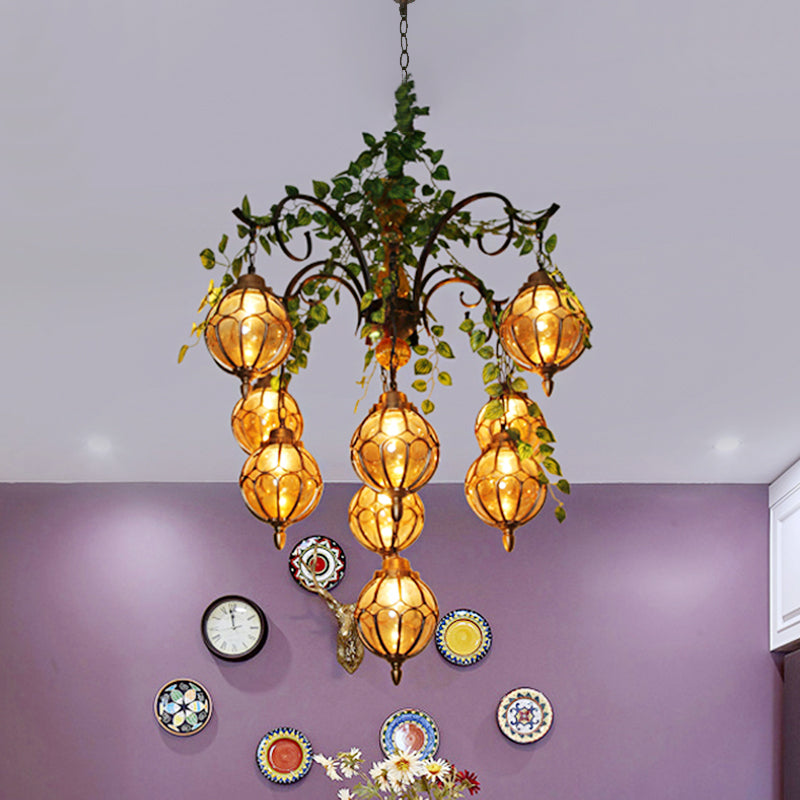 Amber Glass Brass Chandelier Light Ball 5/9 Lights Antique Plant