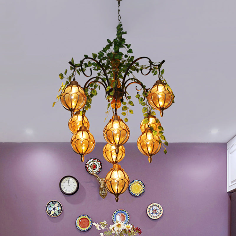 Amber Glass Brass Chandelier Light Ball 5/9 Lights Antique Plant Suspended Lighting Fixture for Dining Room Clearhalo 'Cast Iron' 'Ceiling Lights' 'Chandeliers' 'Industrial Chandeliers' 'Industrial' 'Metal' 'Middle Century Chandeliers' 'Rustic Chandeliers' 'Tiffany' Lighting' 740337