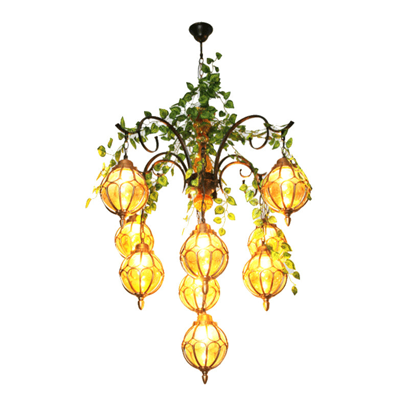 Amber Glass Brass Chandelier Light Ball 5/9 Lights Antique Plant Suspended Lighting Fixture for Dining Room Clearhalo 'Cast Iron' 'Ceiling Lights' 'Chandeliers' 'Industrial Chandeliers' 'Industrial' 'Metal' 'Middle Century Chandeliers' 'Rustic Chandeliers' 'Tiffany' Lighting' 740338