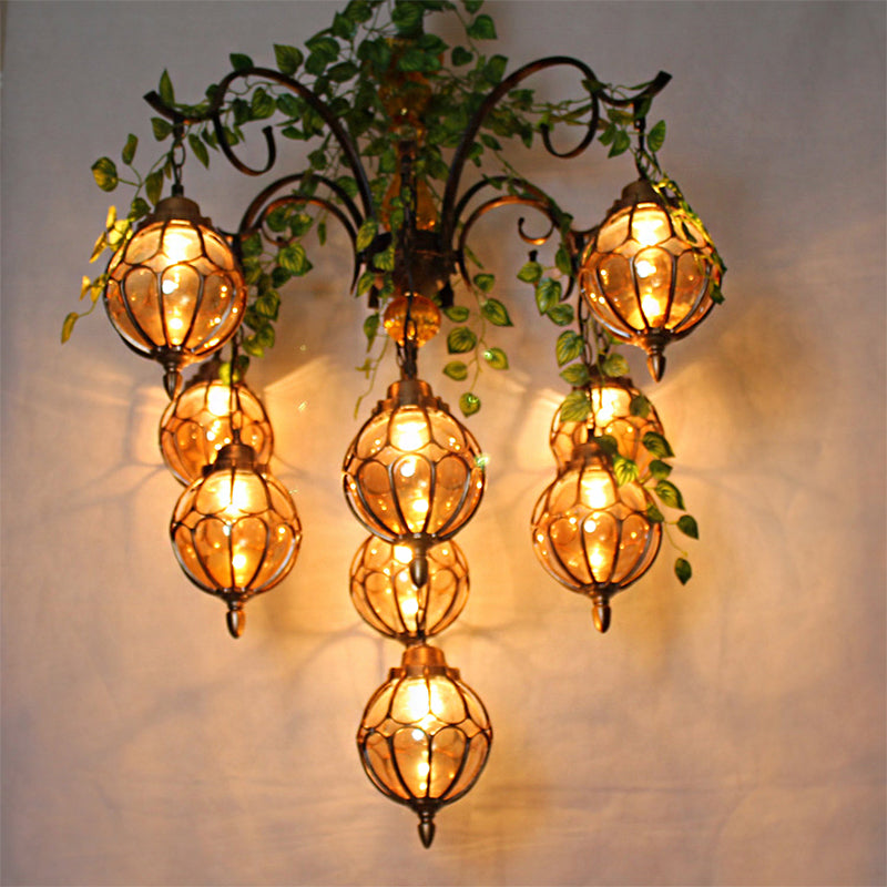 Amber Glass Brass Chandelier Light Ball 5/9 Lights Antique Plant