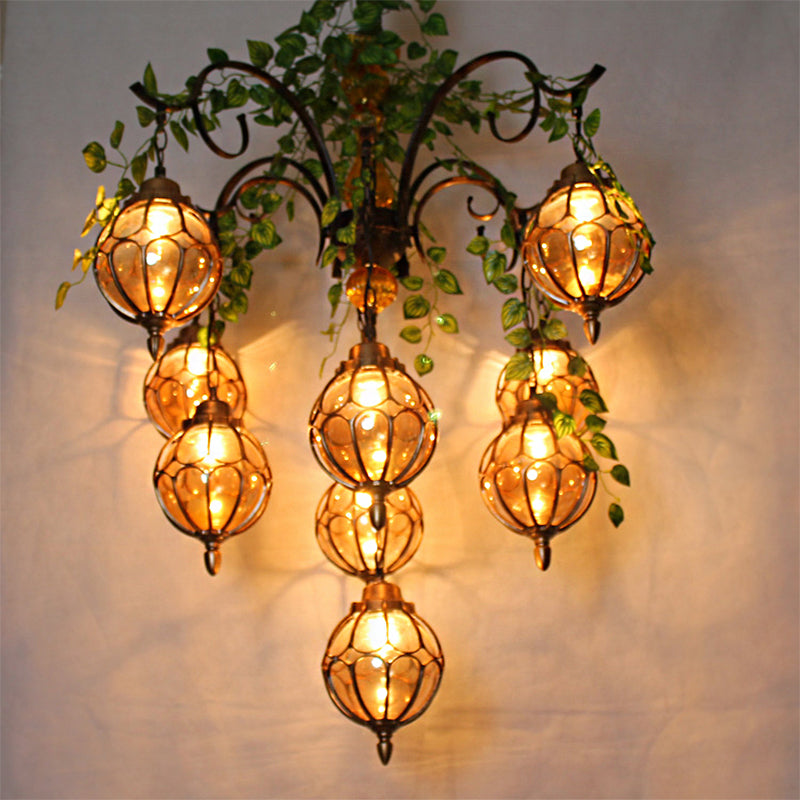 Amber Glass Brass Chandelier Light Ball 5/9 Lights Antique Plant Suspended Lighting Fixture for Dining Room Clearhalo 'Cast Iron' 'Ceiling Lights' 'Chandeliers' 'Industrial Chandeliers' 'Industrial' 'Metal' 'Middle Century Chandeliers' 'Rustic Chandeliers' 'Tiffany' Lighting' 740339