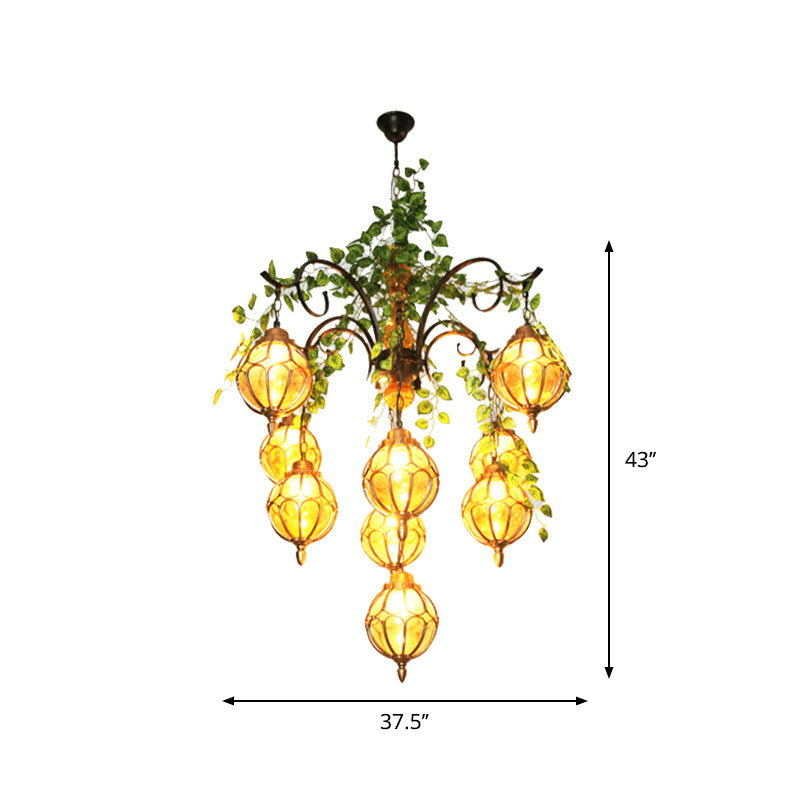 Amber Glass Brass Chandelier Light Ball 5/9 Lights Antique Plant
