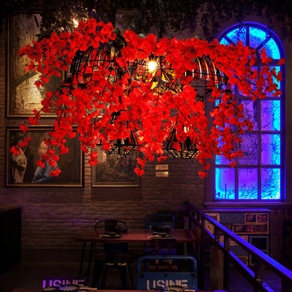 Metal Red Island Ceiling Light Diamond Cage 3-Head Industrial Suspension Lamp with Blossom Decor Red Clearhalo 'Ceiling Lights' 'Island Lights' Lighting' 740369