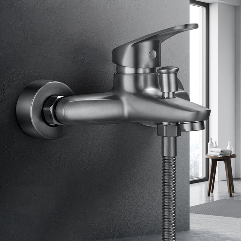 Tub Filler Wall Mount Handshower Single Lever Handle 2 Holes Low Arc Tub Faucet with Hose Clearhalo 'Bathroom Remodel & Bathroom Fixtures' 'Bathtub Faucets' 'bathtub_faucets' 'Home Improvement' 'home_improvement' 'home_improvement_bathtub_faucets' 7403770