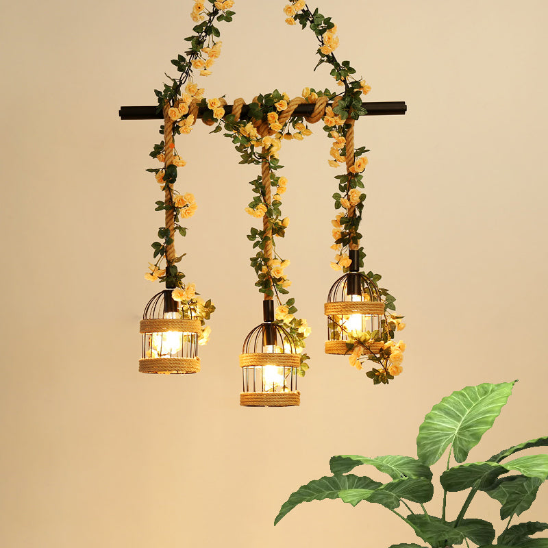 Birdcage Restaurant Island Lighting Industrial Hemp Rope 3/5-Light Black Ceiling Suspension Lamp Clearhalo 'Ceiling Lights' 'Island Lights' Lighting' 740378