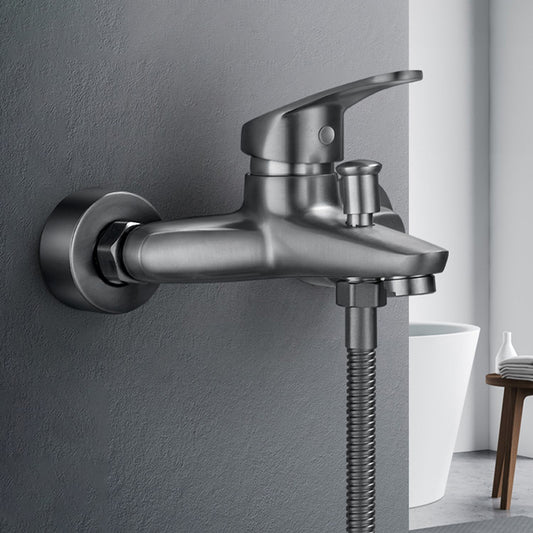 Tub Filler Wall Mount Handshower Single Lever Handle 2 Holes Low Arc Tub Faucet with Hose Clearhalo 'Bathroom Remodel & Bathroom Fixtures' 'Bathtub Faucets' 'bathtub_faucets' 'Home Improvement' 'home_improvement' 'home_improvement_bathtub_faucets' 7403786