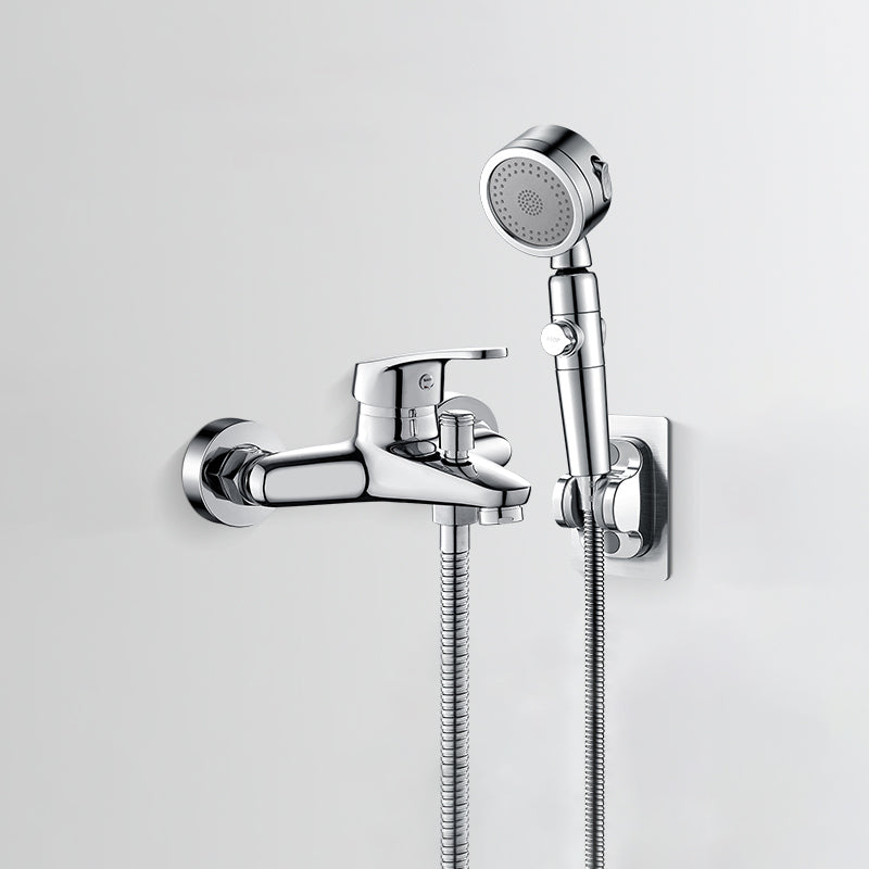 Tub Filler Wall Mount Handshower Single Lever Handle 2 Holes Low Arc Tub Faucet with Hose Silver Tri-Mode Shower Head & Non Perforated Base Hand Shower Included Clearhalo 'Bathroom Remodel & Bathroom Fixtures' 'Bathtub Faucets' 'bathtub_faucets' 'Home Improvement' 'home_improvement' 'home_improvement_bathtub_faucets' 7403787