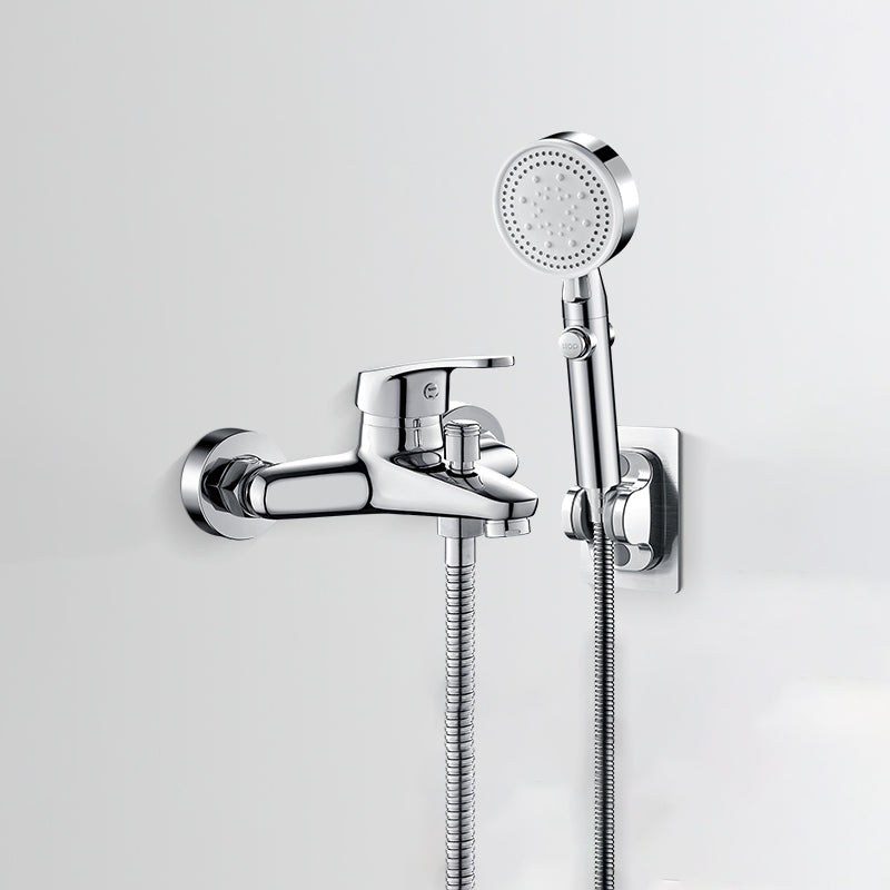 Tub Filler Wall Mount Handshower Single Lever Handle 2 Holes Low Arc Tub Faucet with Hose Silver Five-Mode Shower Head & Non Perforated Base Hand Shower Included Clearhalo 'Bathroom Remodel & Bathroom Fixtures' 'Bathtub Faucets' 'bathtub_faucets' 'Home Improvement' 'home_improvement' 'home_improvement_bathtub_faucets' 7403788
