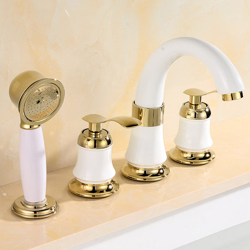 Tradition Bath Filler Trim Deck Mounted Swivel Spout Tub Filler Trim White-Gold Wide Faucet Clearhalo 'Bathroom Remodel & Bathroom Fixtures' 'Bathtub Faucets' 'bathtub_faucets' 'Home Improvement' 'home_improvement' 'home_improvement_bathtub_faucets' 7403807